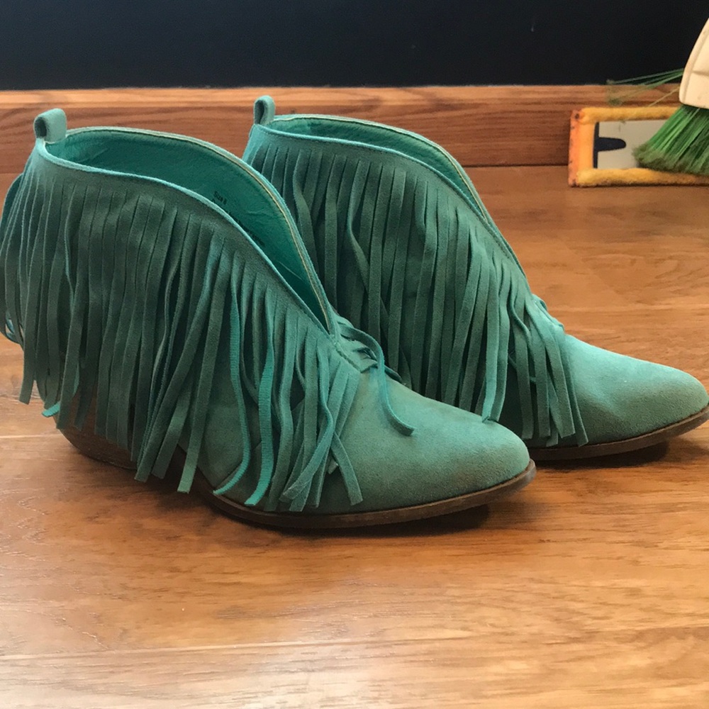 Turquoise fringe booties